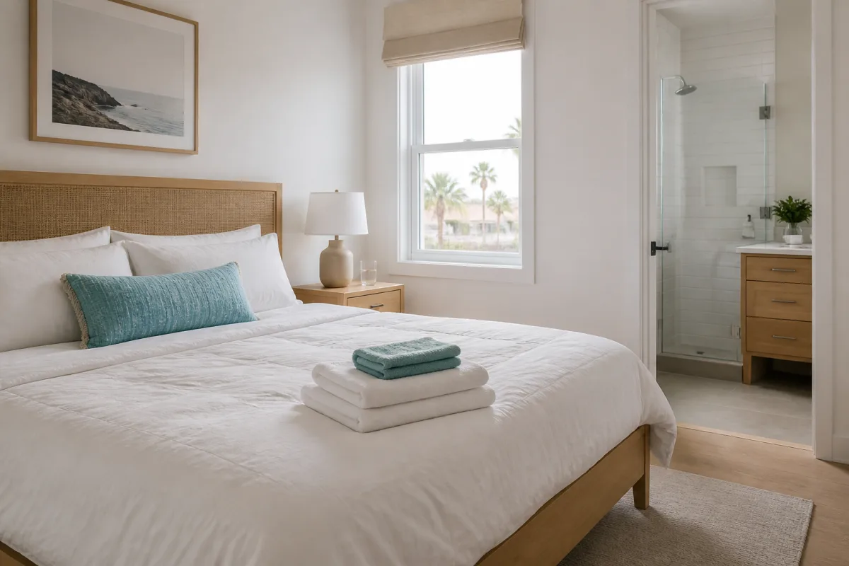 Guest-ready bedroom after Airbnb cleaning by Prime Shine